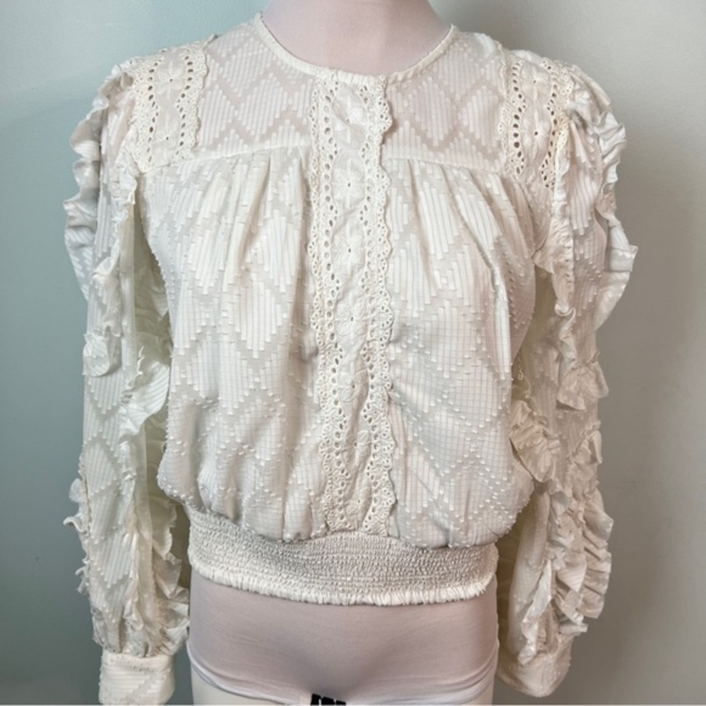 Anthropologie Not So Serious Donna Lace Boho Blouse White Ruffle Top | Size M